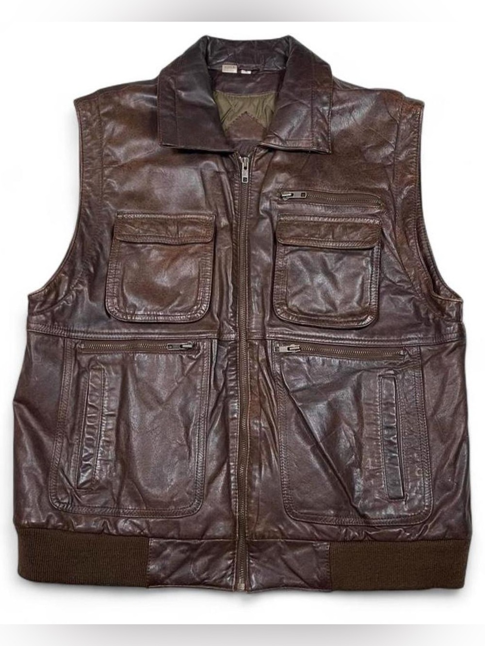VTG CHIA Brown Leather 80s Moto Jacket Vest Quilted Lining Men’s Size M Cropped